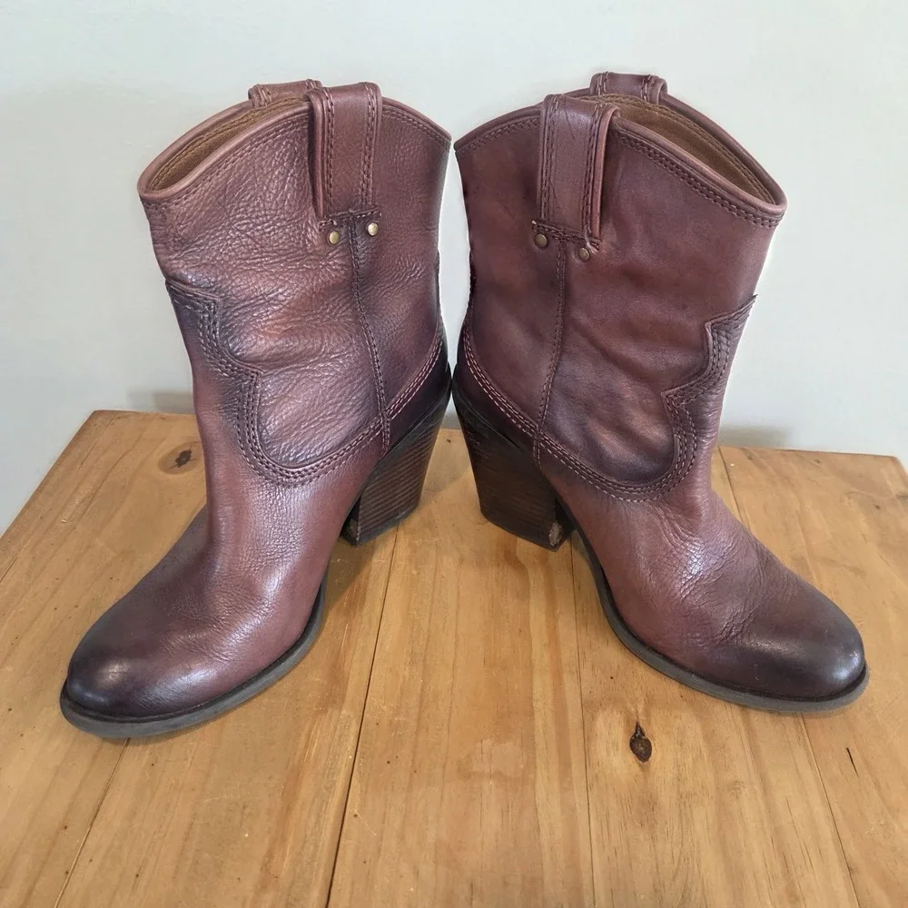 Lucky Brand LK Ellena Boots Womens 7M Burgundy Leather Western Cowboy Ankle...